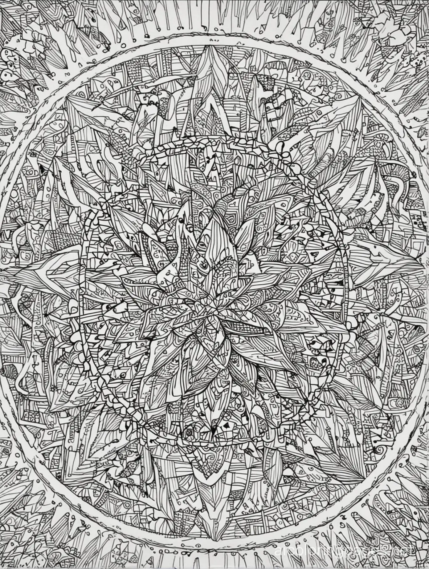 fine line art coloring page, black and white,  with a mandala background, and a star in the middle, Coloring Page, black and white, line art, white background, Simplicity, Ample White Space. The background of the coloring page is plain white to make it easy for young children to color within the lines. The outlines of all the subjects are easy to distinguish, making it simple for kids to color without too much difficulty