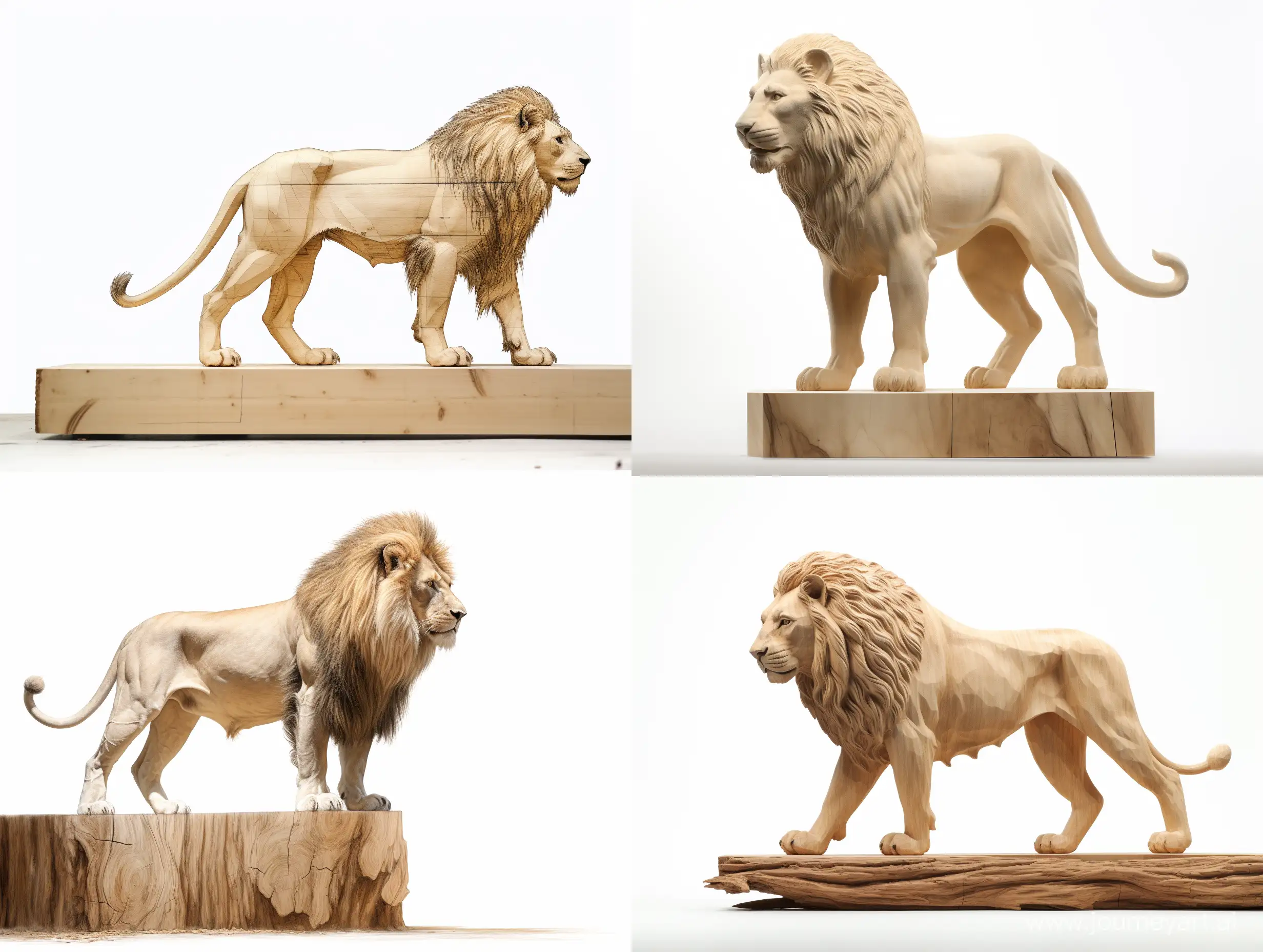 Professional sketch for wooden sculpture, a full-length Panthera leo standing in profile on a large wooden cube, professional dynamic character, wood carving, ready for battle 3d, white background, 8k Render, ultra realistic