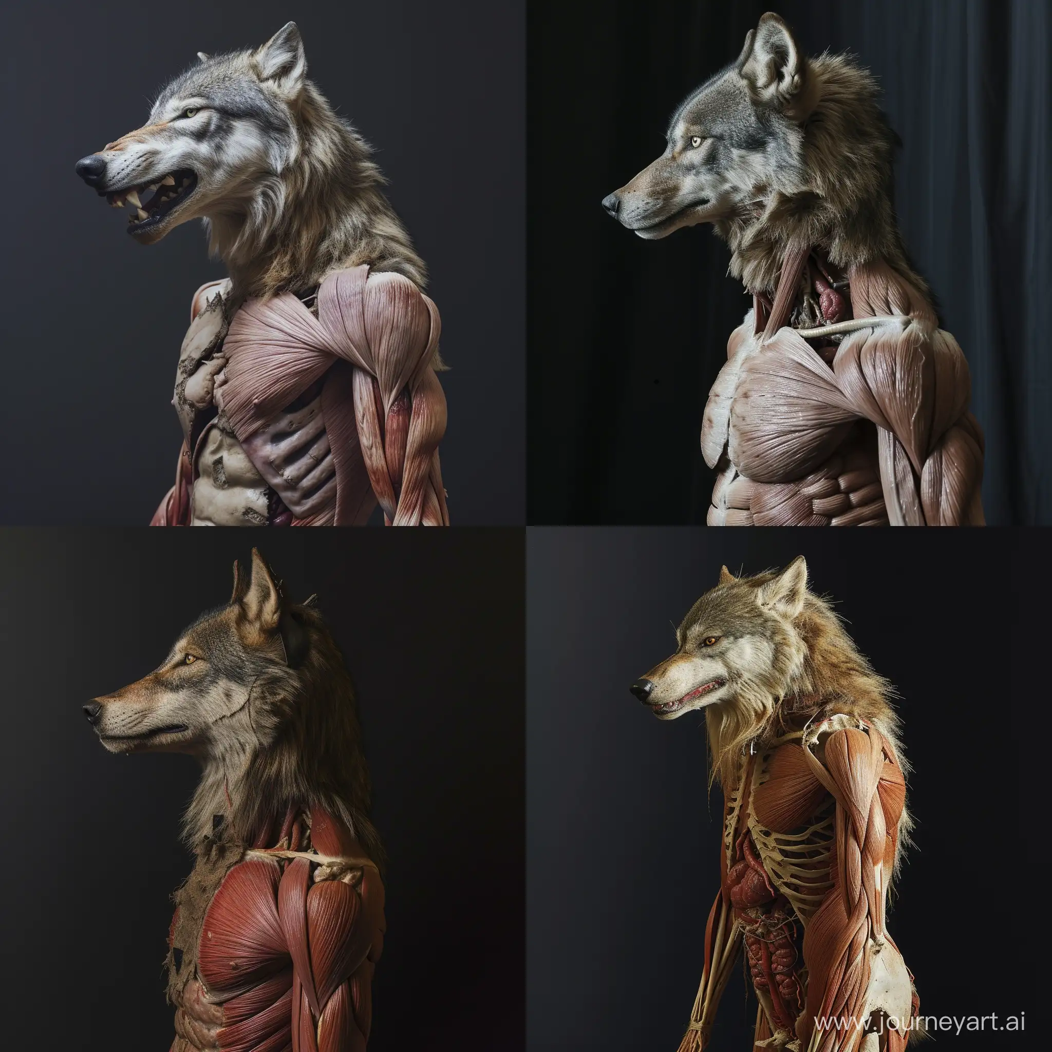 A completely real human body with a wolf head