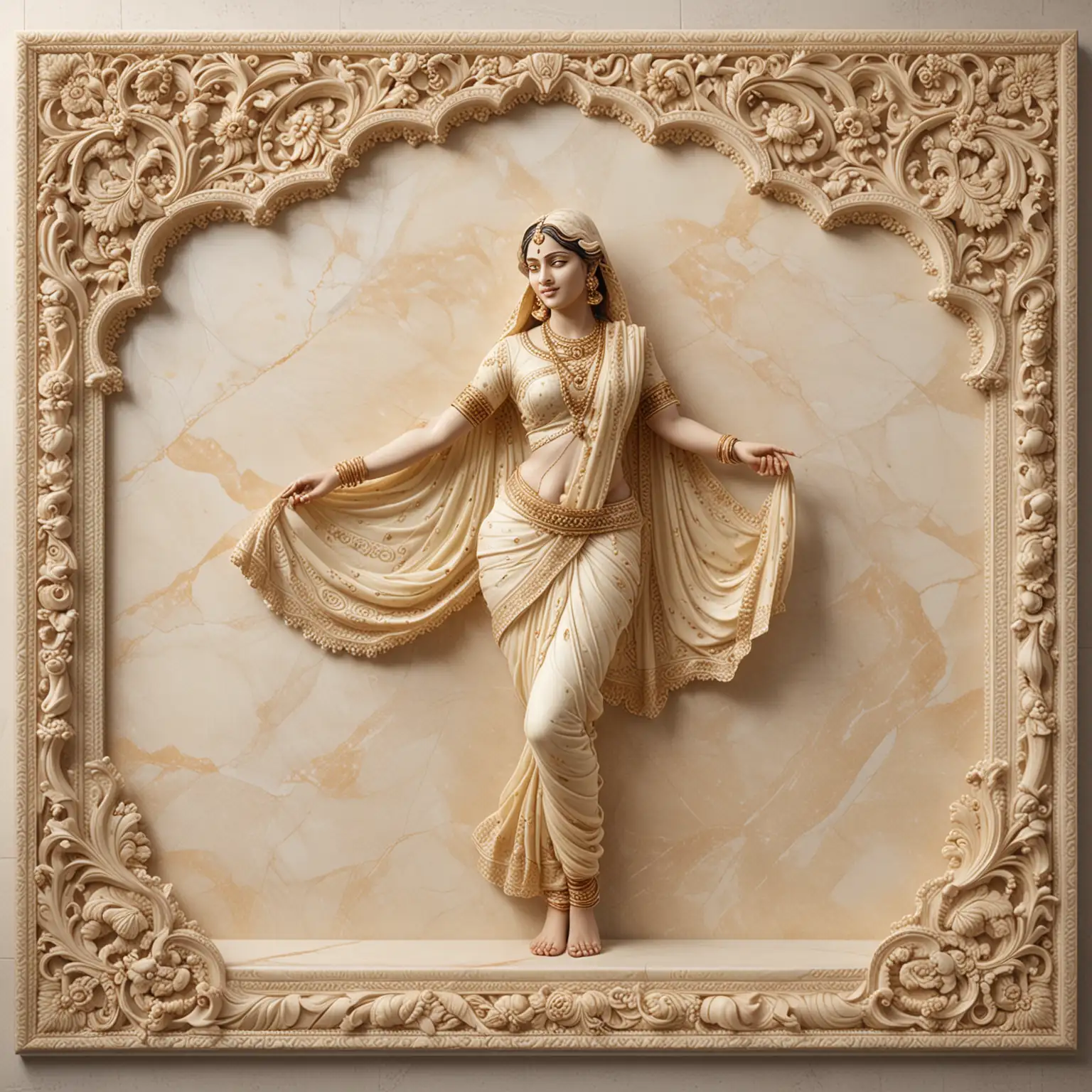 seamless 3d highly detailed and  carved cream marble panel with cream marble ornate frame in the theme of a full length cream marble dancing indian woman in a sari



 





