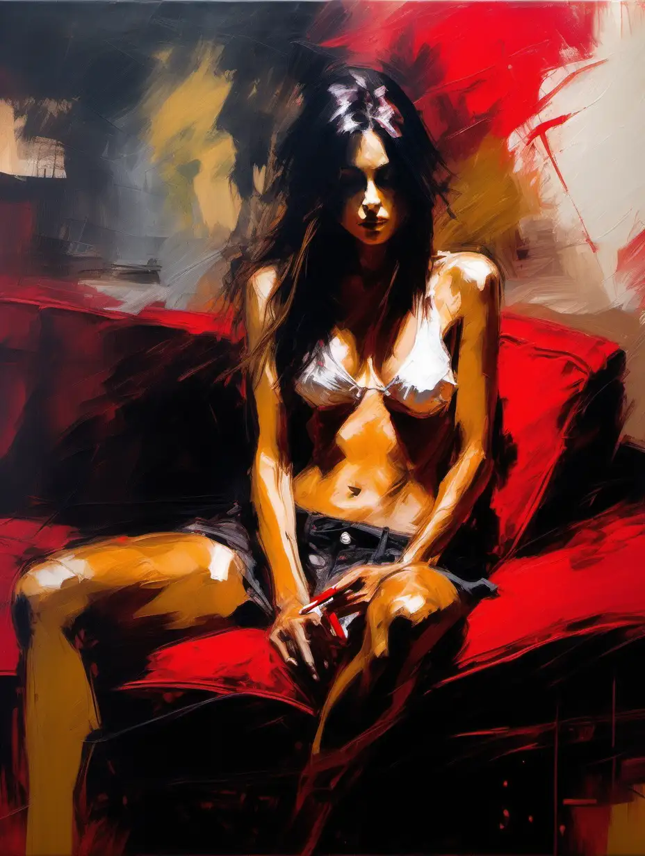 Very authentic painting by henry asencio and fabian perez of a one attractive sexual undressed brunette young girl with slim body and long hair smoking cigarette sitting indoor in studio near red classic couch looking away, horizontal picture , visible flat brushstrokes, palette knife , thick layers of colors, light leaks, night scene,




