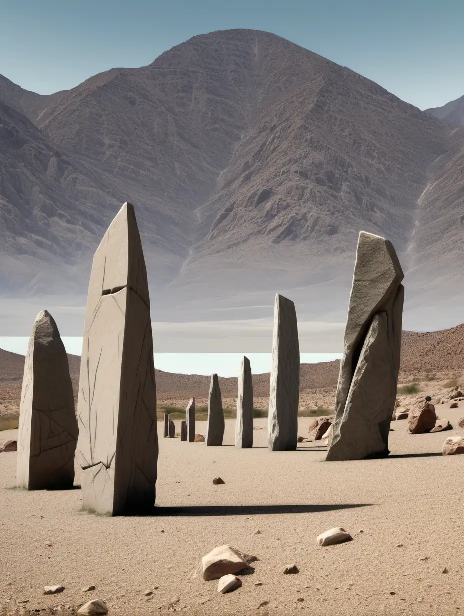 multiple standing stones in a megalith site near a lakeshore. desert mountains in the far off background.