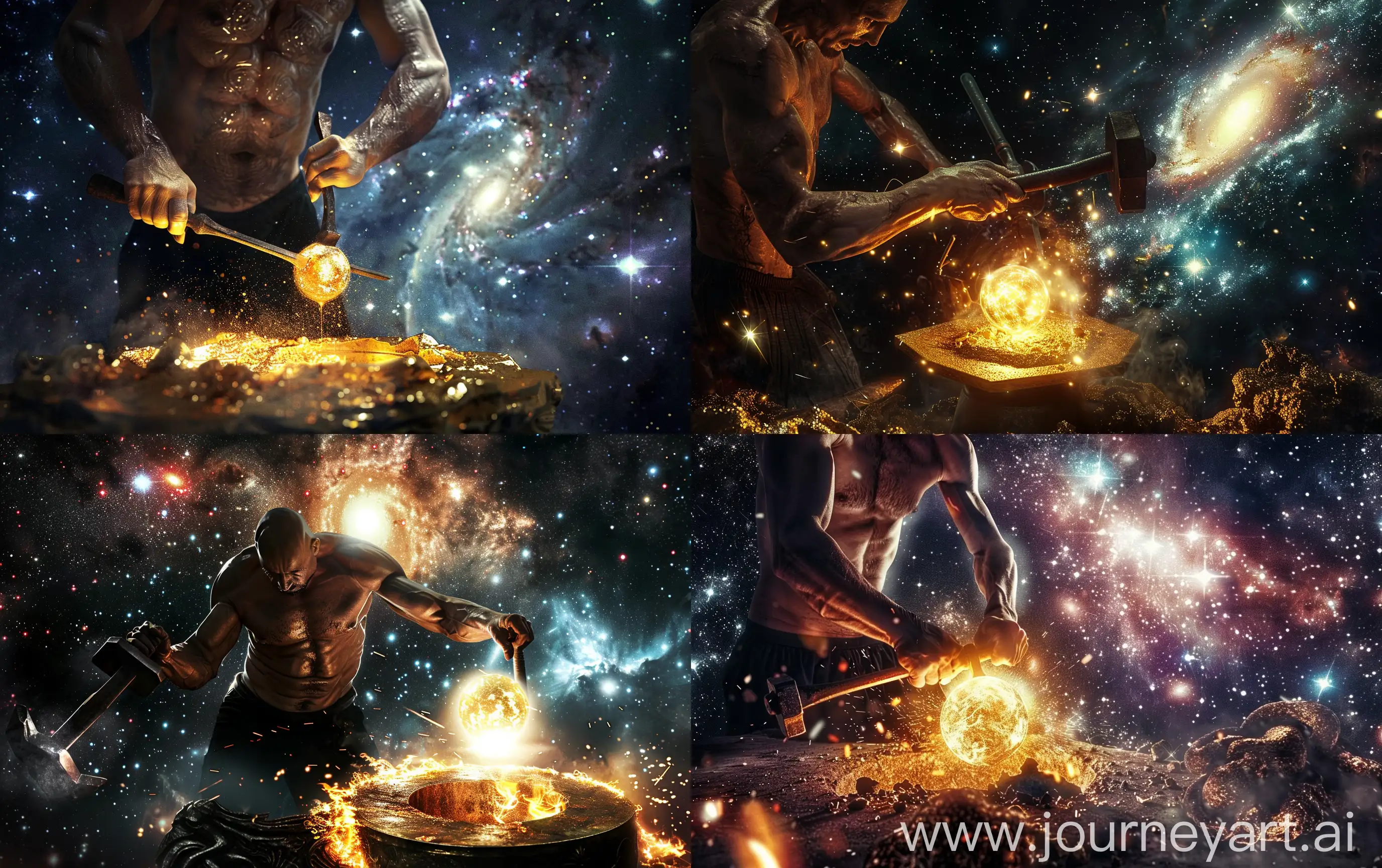 a blacksmith with uncovered torso hits a golden glowing forge with shining nebula sphere with his hammer, deep space on background with bright galaxies and a nebula, realistic, hi resolution, cinematic --ar 16:10
