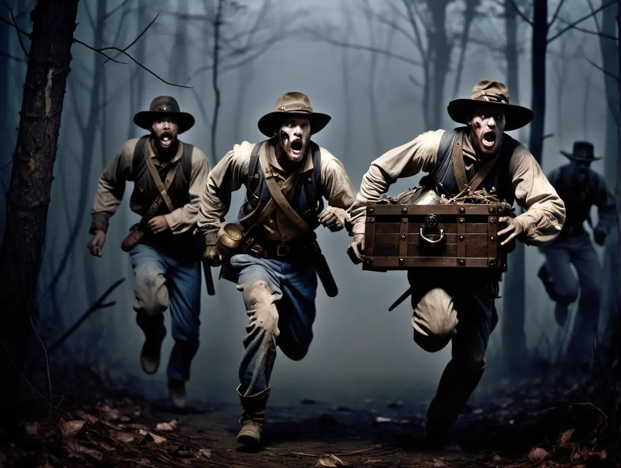 Fleeing Confederate Soldiers with Treasure Chest in Dark Foggy Forest