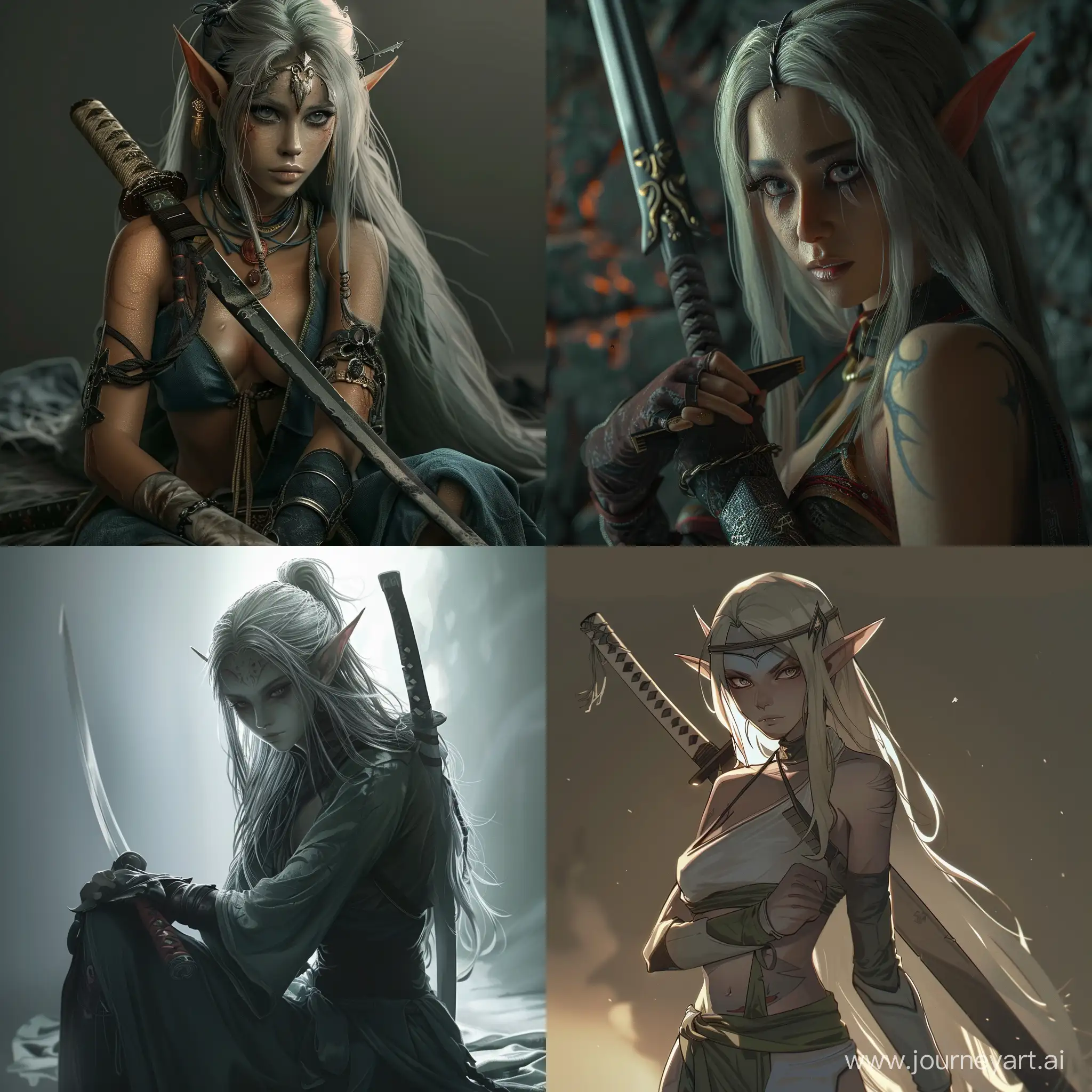 elven female, princess mononoke style, back hair, grey eyes, with a katana, Full Body View, Soft lighting