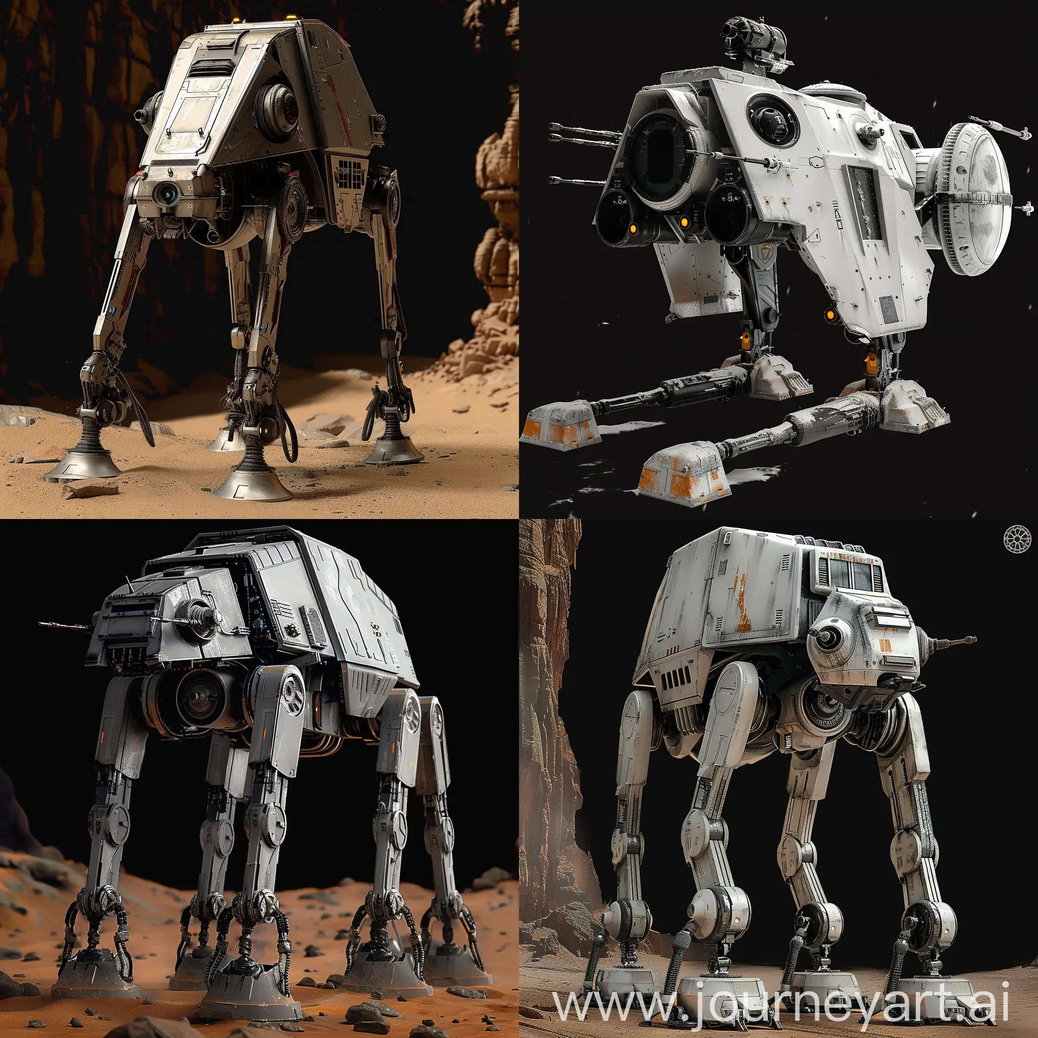 Futuristic Star Wars All Terrain Scout Transport https://static.wikia.nocookie.net/starwars/images/f/ff/ATST-SWBdice.png/revision/latest?cb=20230723050455, Advanced Materials, Autonomous Operation, Energy-Efficient Propulsion, Adaptive Suspension, Stealth Technology, Modular Design, Integrated Weapons Systems, Biometric Security, Enhanced Communication Systems, Self-Repairing Systems, Sleek and Aerodynamic Shape, Panoramic Viewports, Articulated Legs, Dynamic Lighting, Customizable Exterior, Integrated Storage, User-Friendly Controls, Futuristic Color Scheme, Integrated Climate Control, Aesthetically Pleasing Design, octane render --stylize 1000