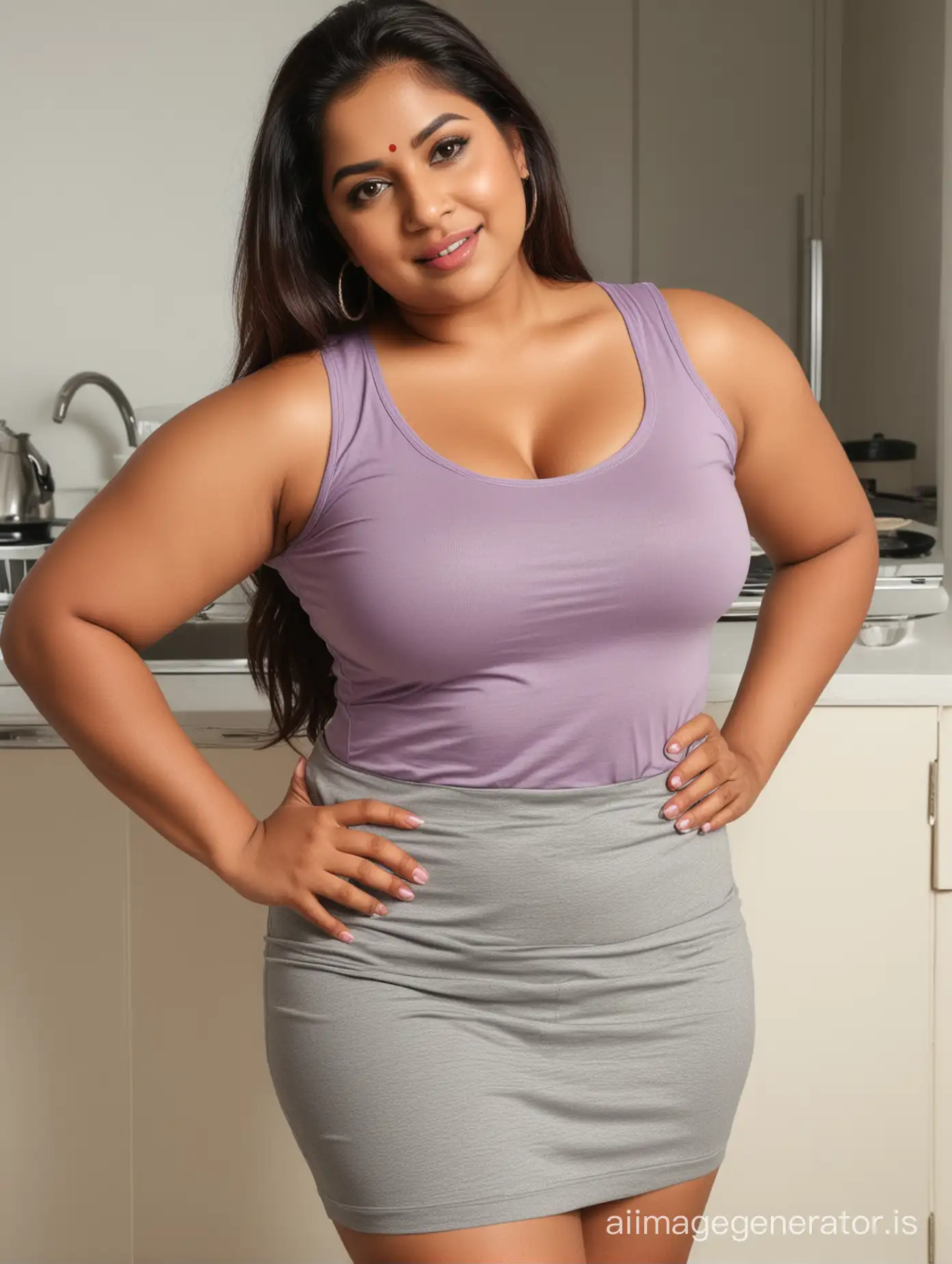Beautiful indian plus size sexy women wore tight sleeveless t shirt and skirt at kitchen