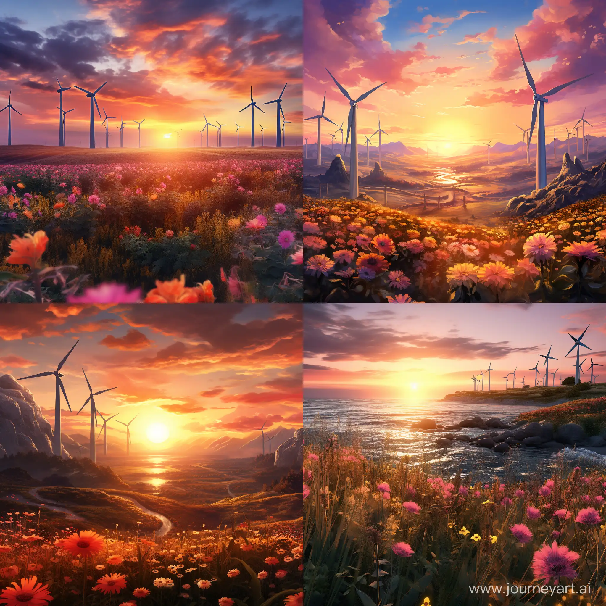 Field of Wind powerplants, looking like flowers
Sunset, friendly look