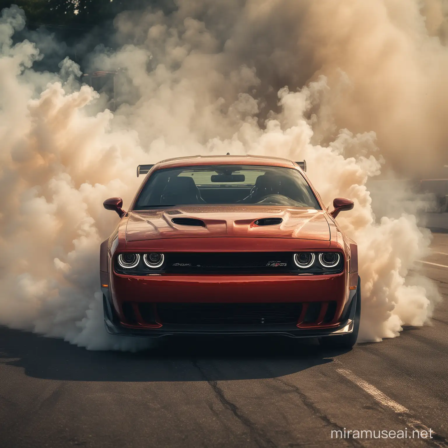 Title: "Obscured Dominance: Dodge Challenger SRT Demon in Drift Smoke"

Description: "Craft a mesmerizing depiction of a Dodge Challenger SRT Demon engulfed in billowing drift smoke, creating an atmosphere of mystery, power, and raw intensity. The focus is on capturing the car shrouded in a dense cloud of smoke, its contours and details obscured yet hinting at its formidable presence beneath. Through the veil of smoke, the headlights of the SRT Demon should pierce through, casting an eerie glow and adding a hauntingly beautiful element to the composition. The scene should exude a sense of anticipation and intrigue, as if the beast within is poised to unleash its fury upon the asphalt. Let the artwork evoke a visceral reaction, igniting the imagination and leaving an indelible impression of the Challenger's unrivaled dominance."