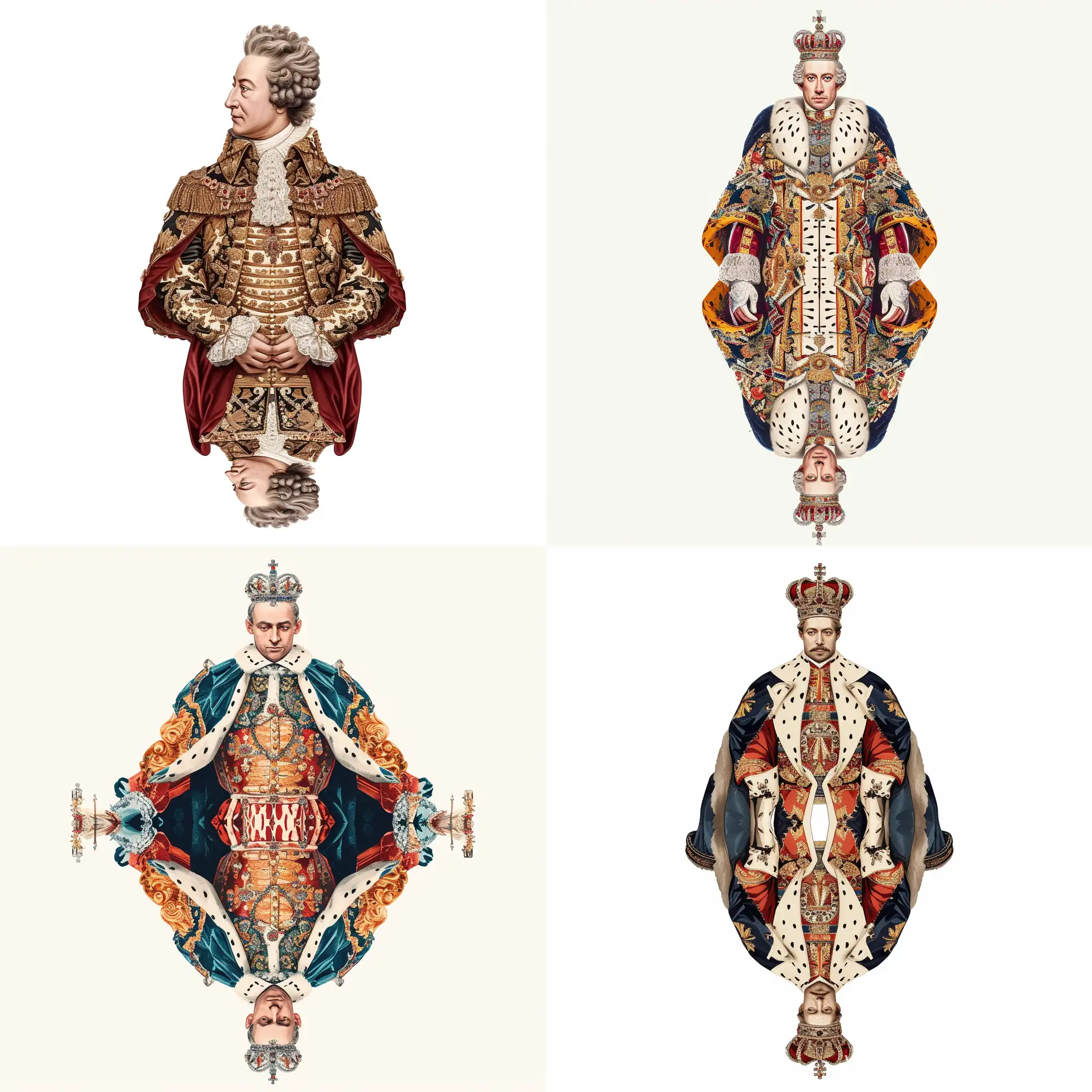 Ornamental portrait of the King of Austria in rich clothes, reflected vertically,on a white background, flat illustration, watercolor style by Victor Ngai