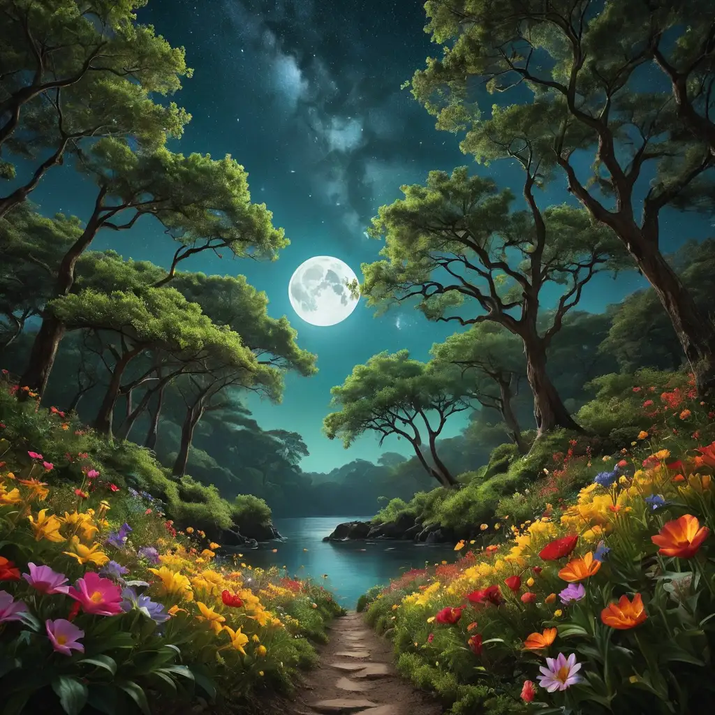 Moonlit Garden of Cosmic Harmony Serene Floral Landscape under the Lunar Glow