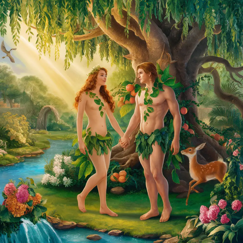Adam and Eve Enjoying Paradise Romantic Scene in Eden