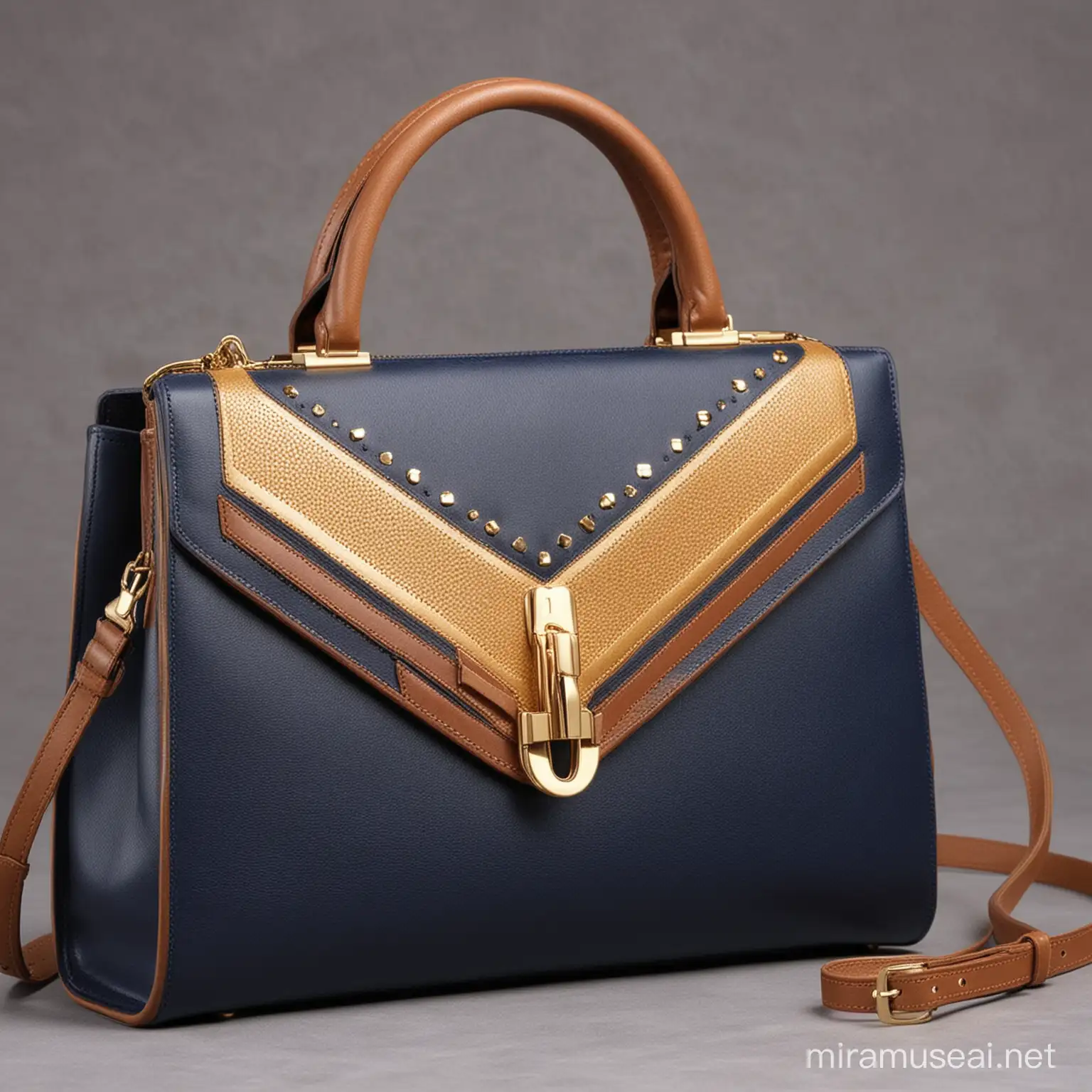 Classy and Elegant Navy Blue Brown and Gold Leather Purse Bag Design
