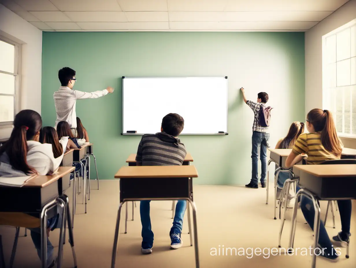 Students inside the classroom with an empty whiteboard