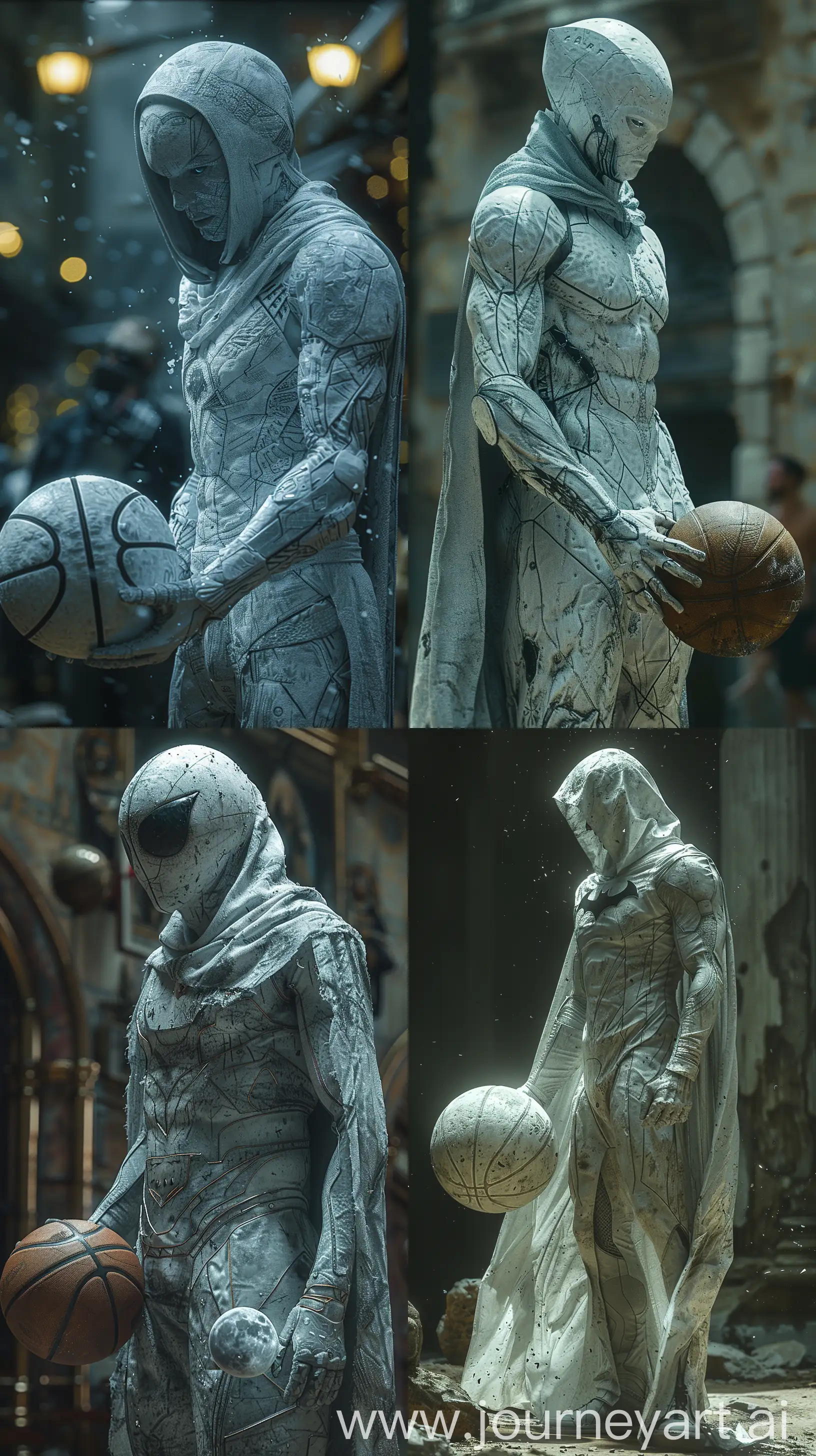 Marvel's Moon Knight playing basketball with Moon, realistic perspective, xbox 360 graphics, surreal realism, emotive realism, eerily realistic --s 750 --ar 9:16
