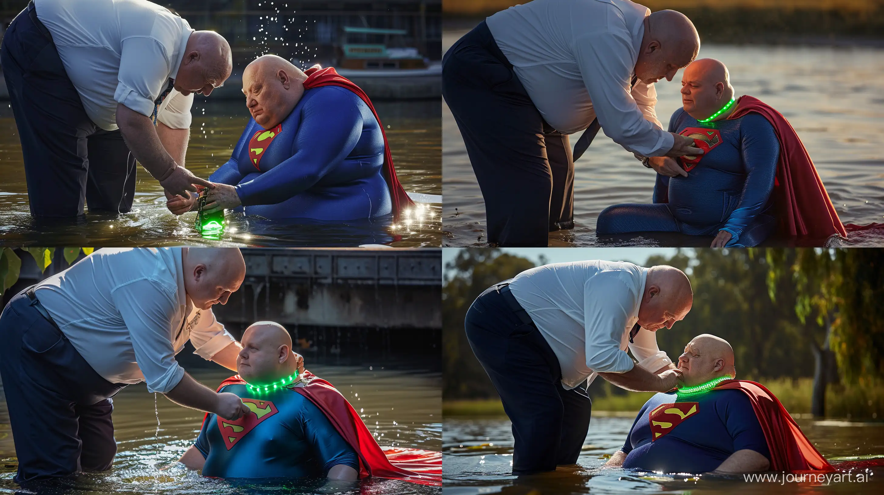 Close-up photo of a chubby man aged 60 wearing a navy business pants and a white shirt, bending over and tightening a green glowing small short dog collar on the neck of another chubby man aged 60 sitting in the water and wearing a silky royal blue superman costume with a large red cape. Outside. Bald. Clean Shaven. --style raw --ar 16:9 --v 6
