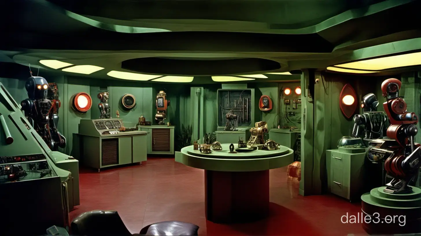 ((Full color photo)) of a 1940s spy movie villain's secret lair interior, exotic location, 1940s futuristic robots