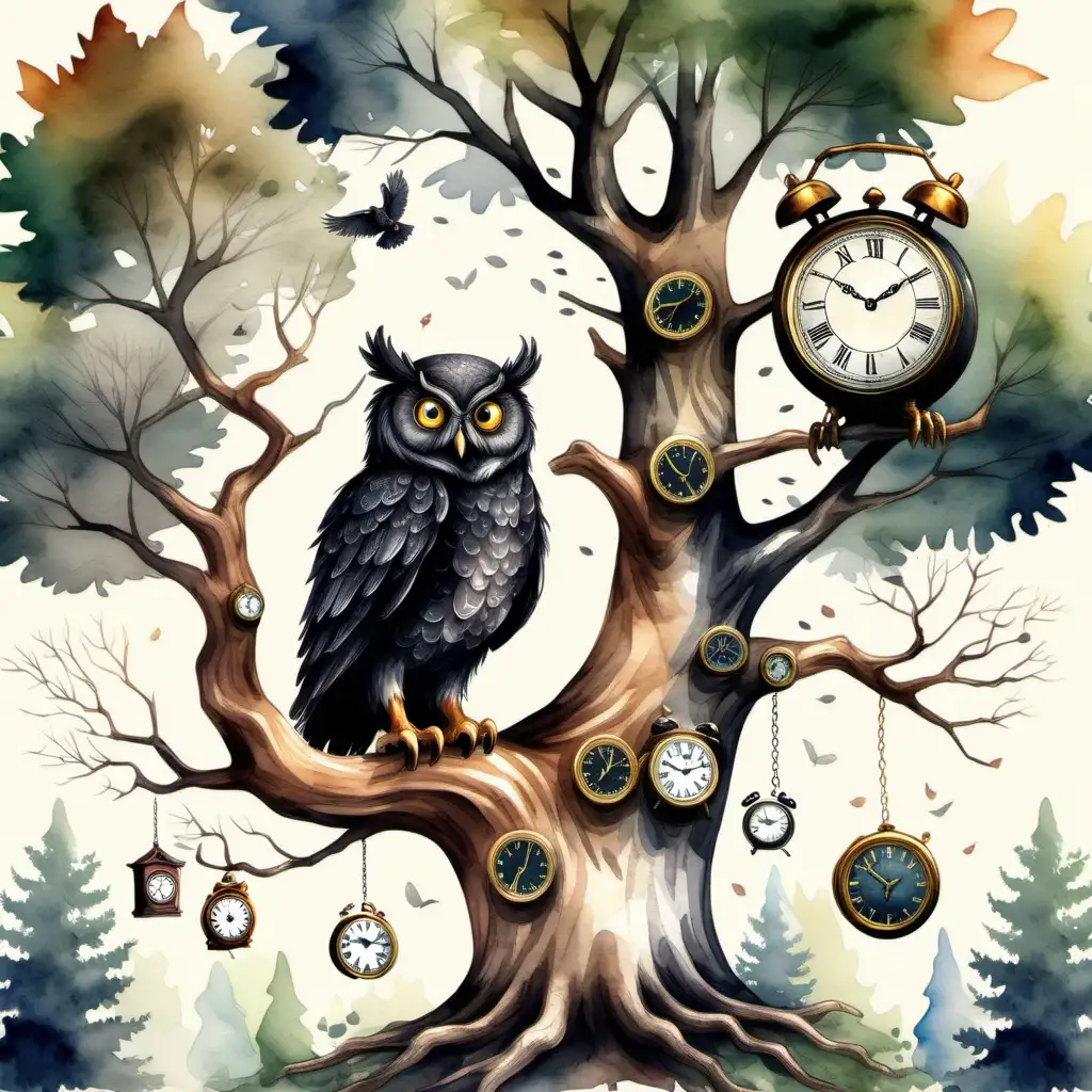 Create image of an oak tree in the forest, clocks on the tree, a black owl with a monocle, children gathering, use watercolor style