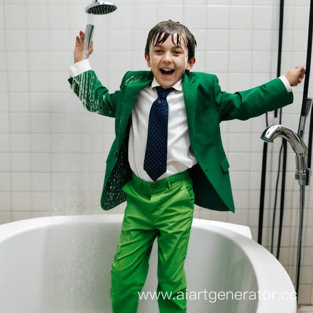 10 year old boy shirt, green trousers, suit jacket in bath taking shower