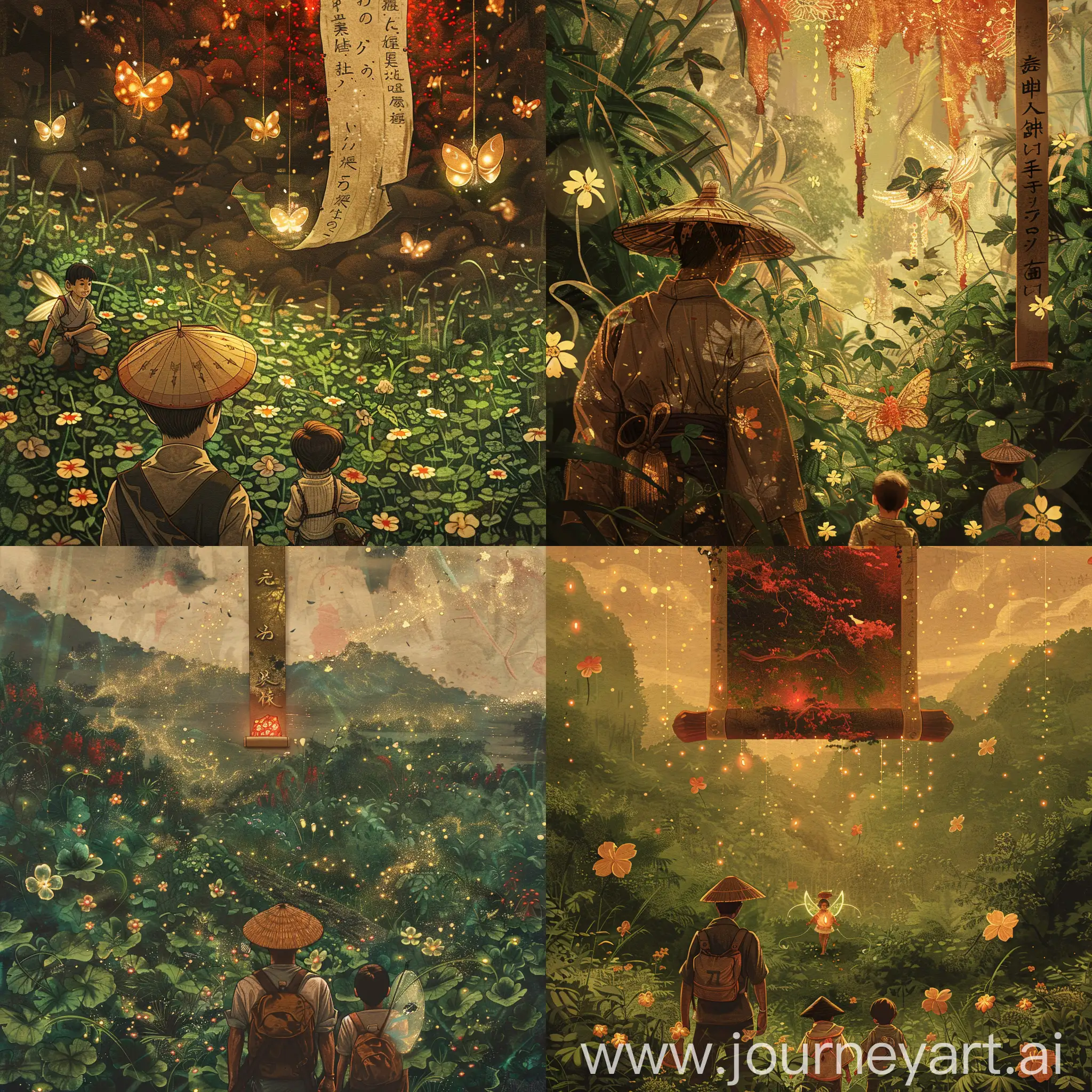 an illustration exploration japan a man on trekking hat with a 2boys and an with fairy ((clover flowers lights))(zoom up), clover flowers fields jungle, in the style of dark gold molten filigree and red, confessional, playful and whimsical designs, notable sense of movement, i can't believe how beautiful this is, high-angle, hanging scroll