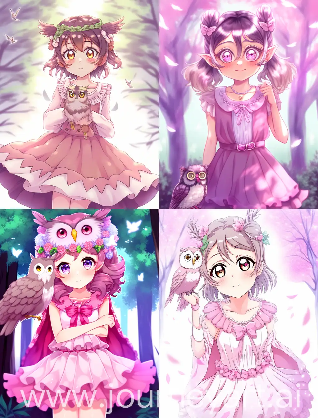 anime girl with a pretty face, big eyes and small Great Horned Owl tufts. She is wearing a pink party dress with a ruffled collar 