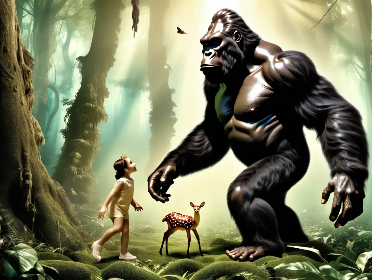 King Kong stepping on Bambi the deer in an enchanted forest