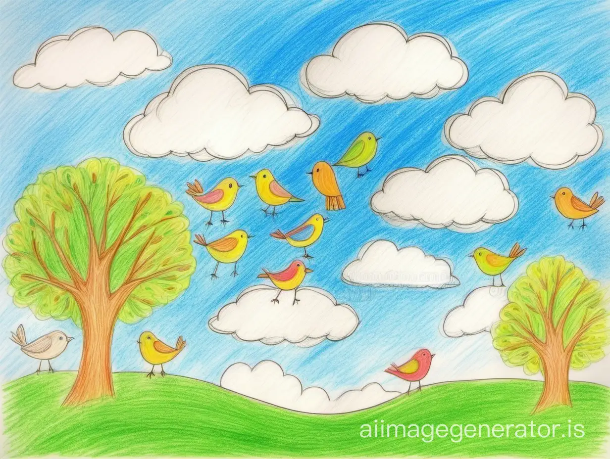 children's drawing with colored pencils. Blue sky, white clouds, little birds, green trees