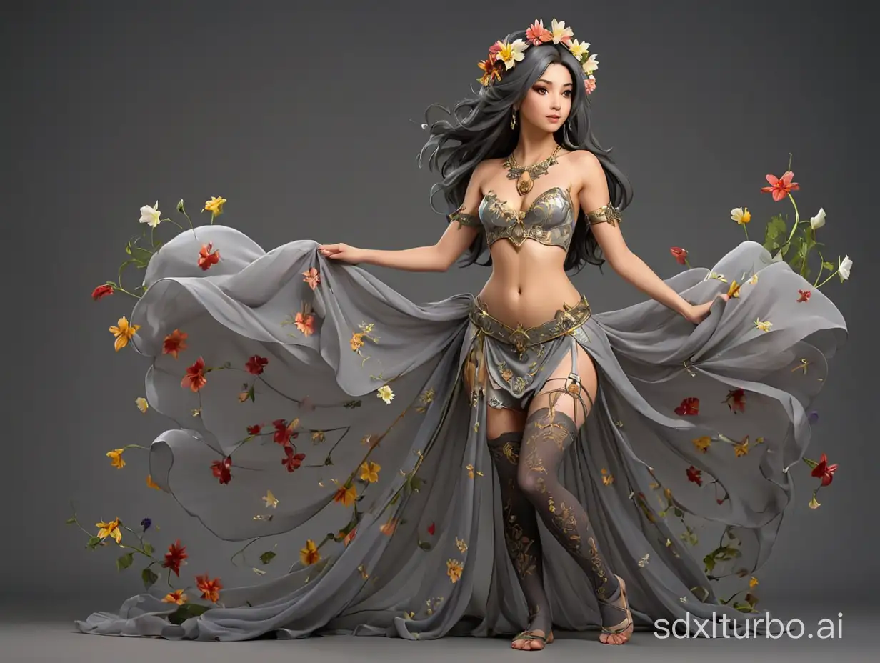 a "half naked" priestess in a "flower-decorated" dress and stockings, ("flat gray background", "full body", "front view", "back view", "dark fantasy")