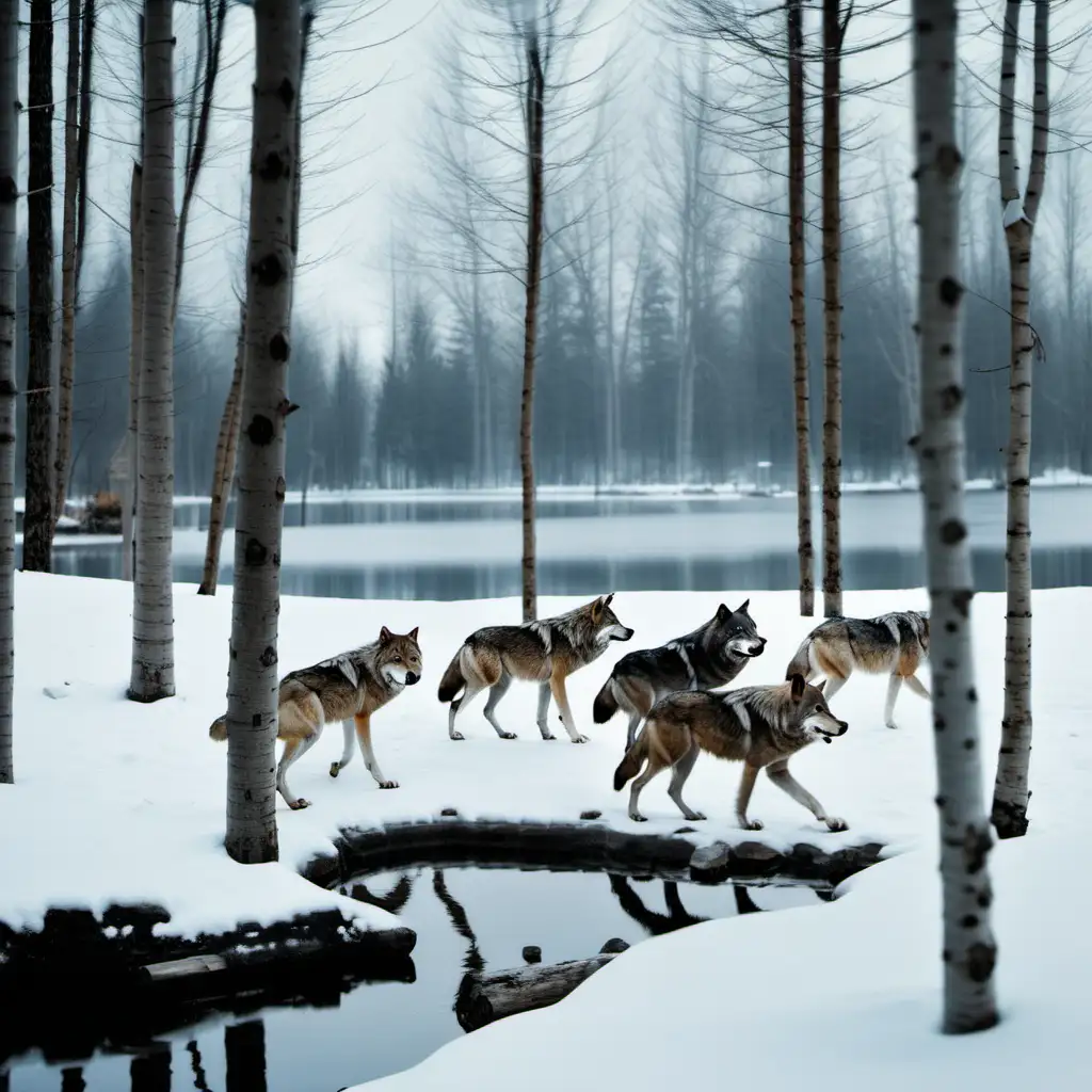 Snowy Wood Clearing Wolves by the Lakeside