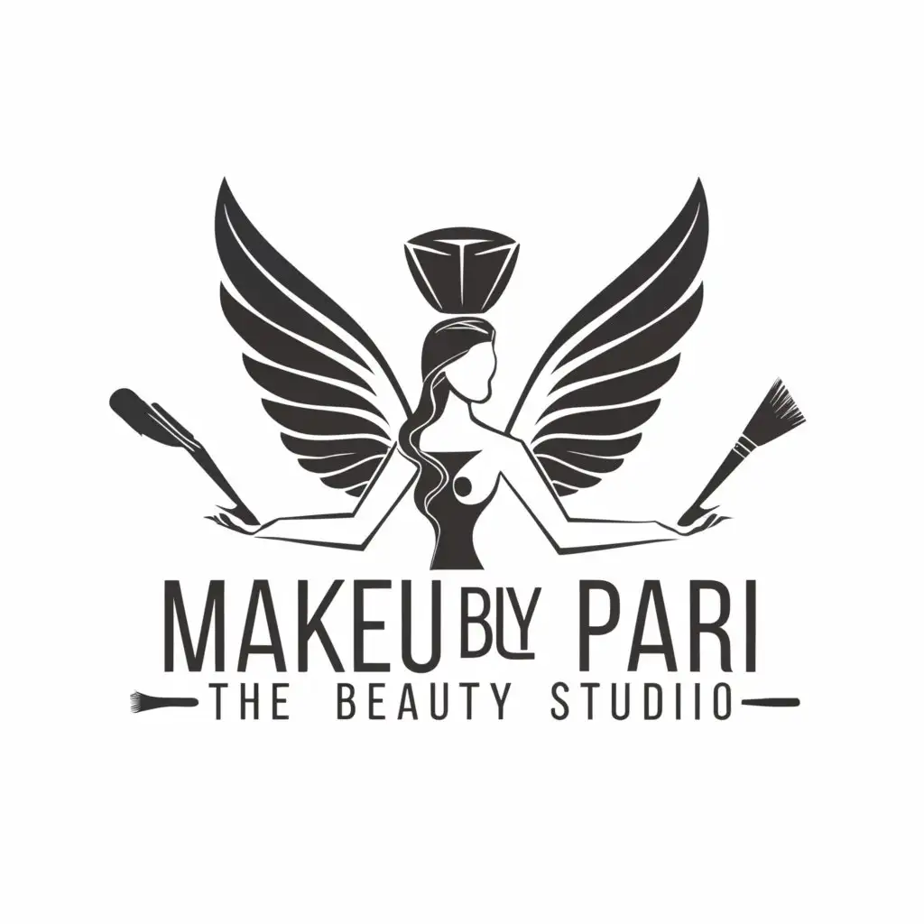 a logo design,with the text "Makeup by Pari 
the Beauty studio", main symbol:angle with wings & makeup equipment.,Minimalistic,clear background