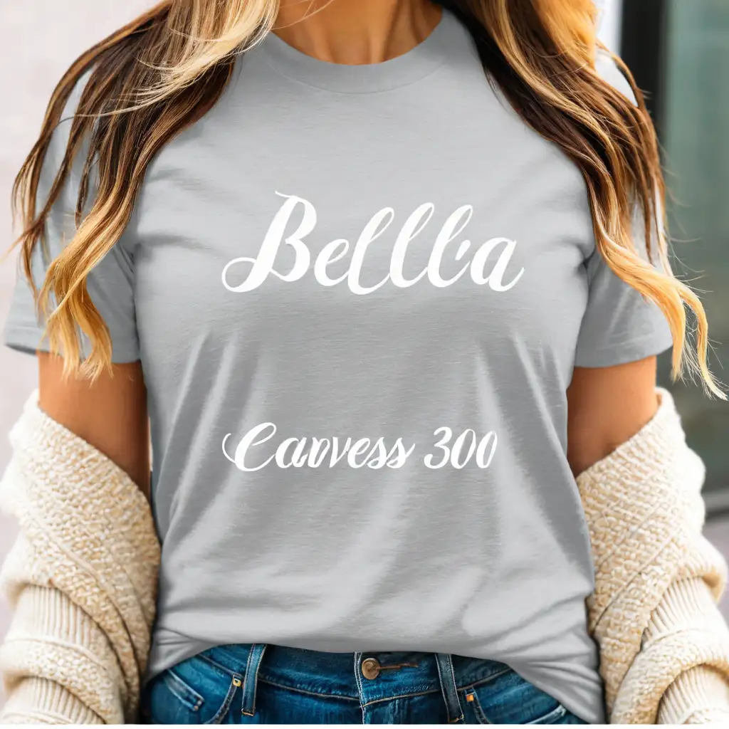 blonde woman wearing athletic heather bella canvas 3001 t-shirt mockup with cream cardigan