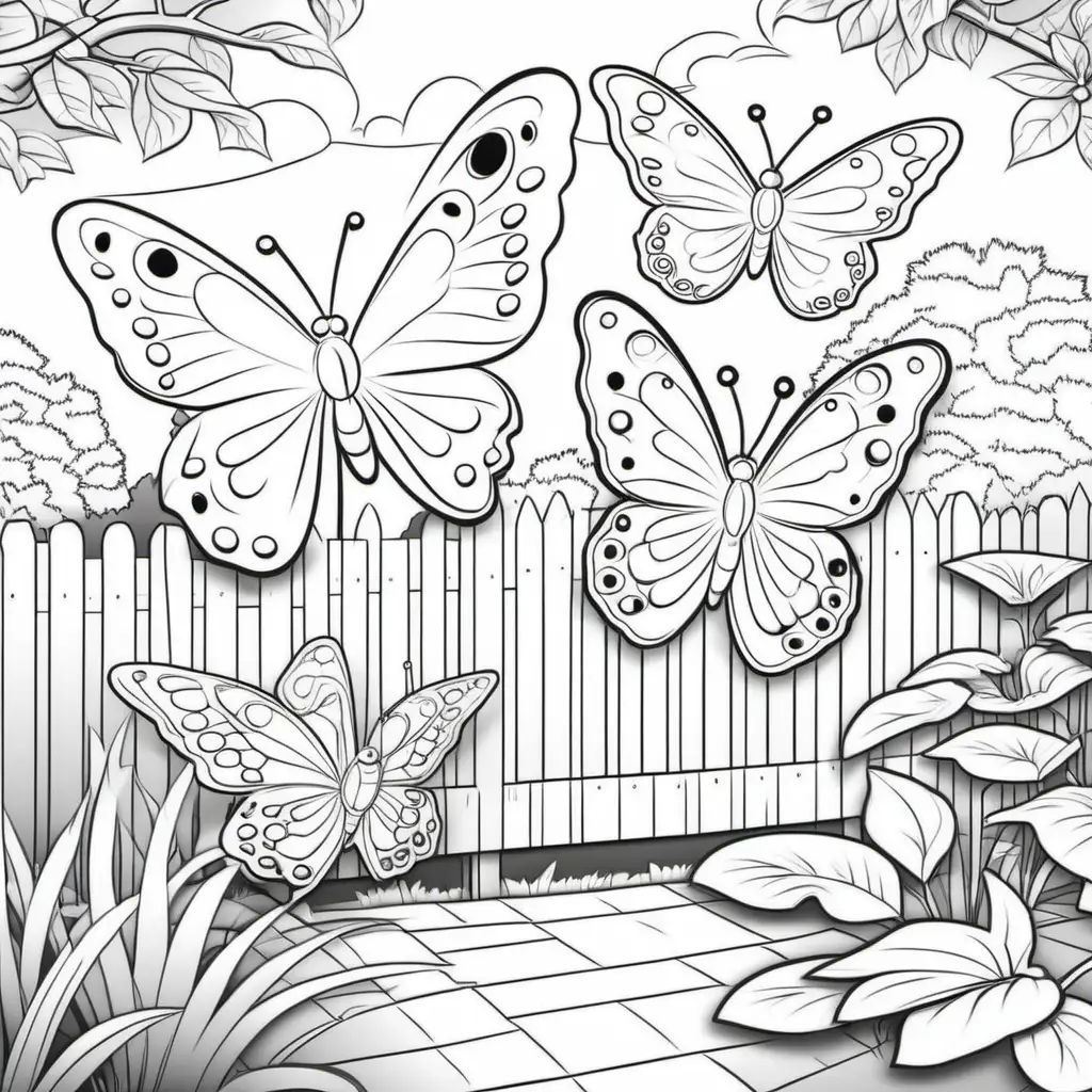 coloring book for kids, butterflies in backyard, cartoon style, thick lines, low detail, no shading, -- ar, 9:11
