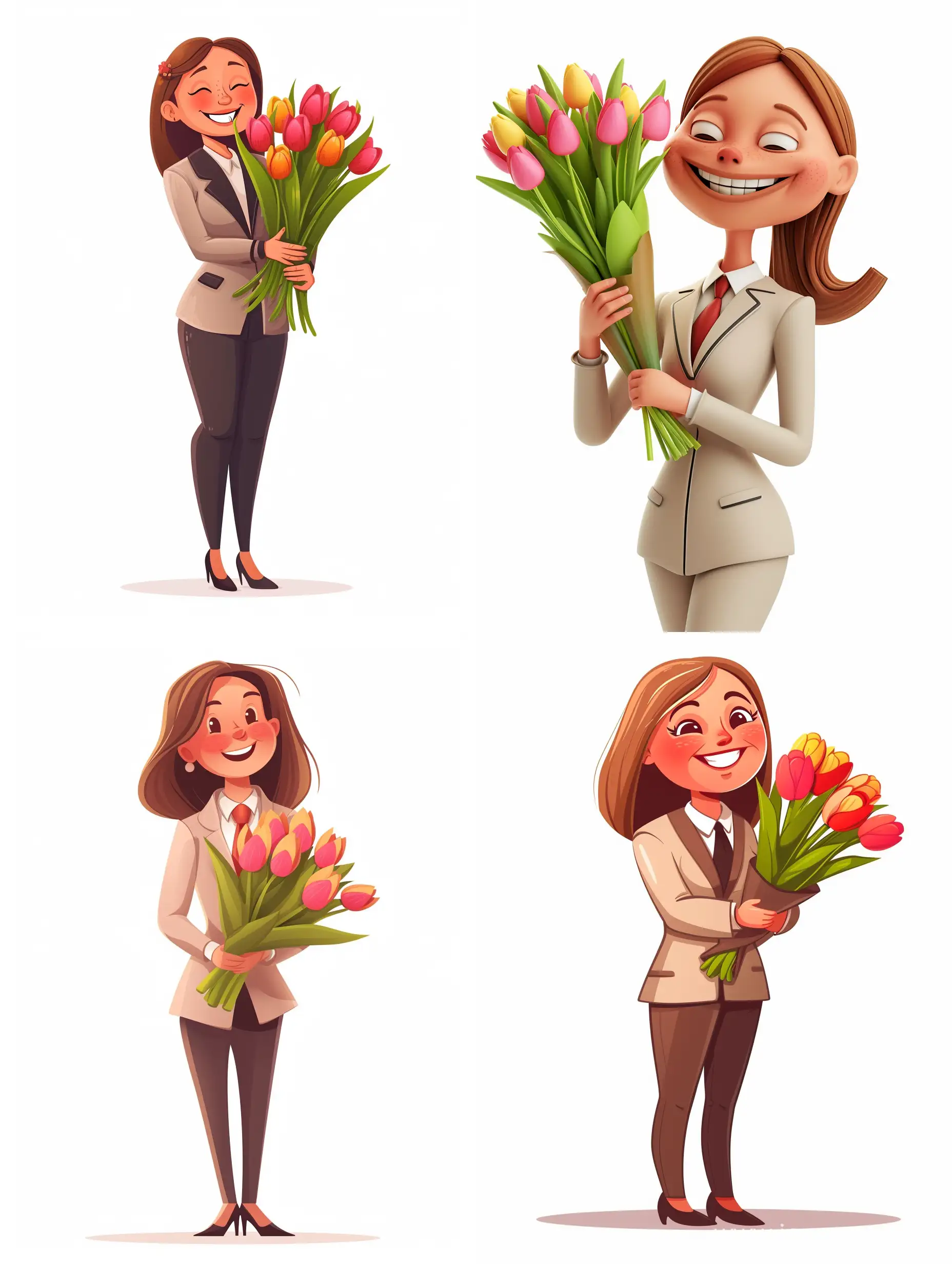 Cheerful-Corporate-Mascot-with-Tulip-Bouquet-on-White-Background