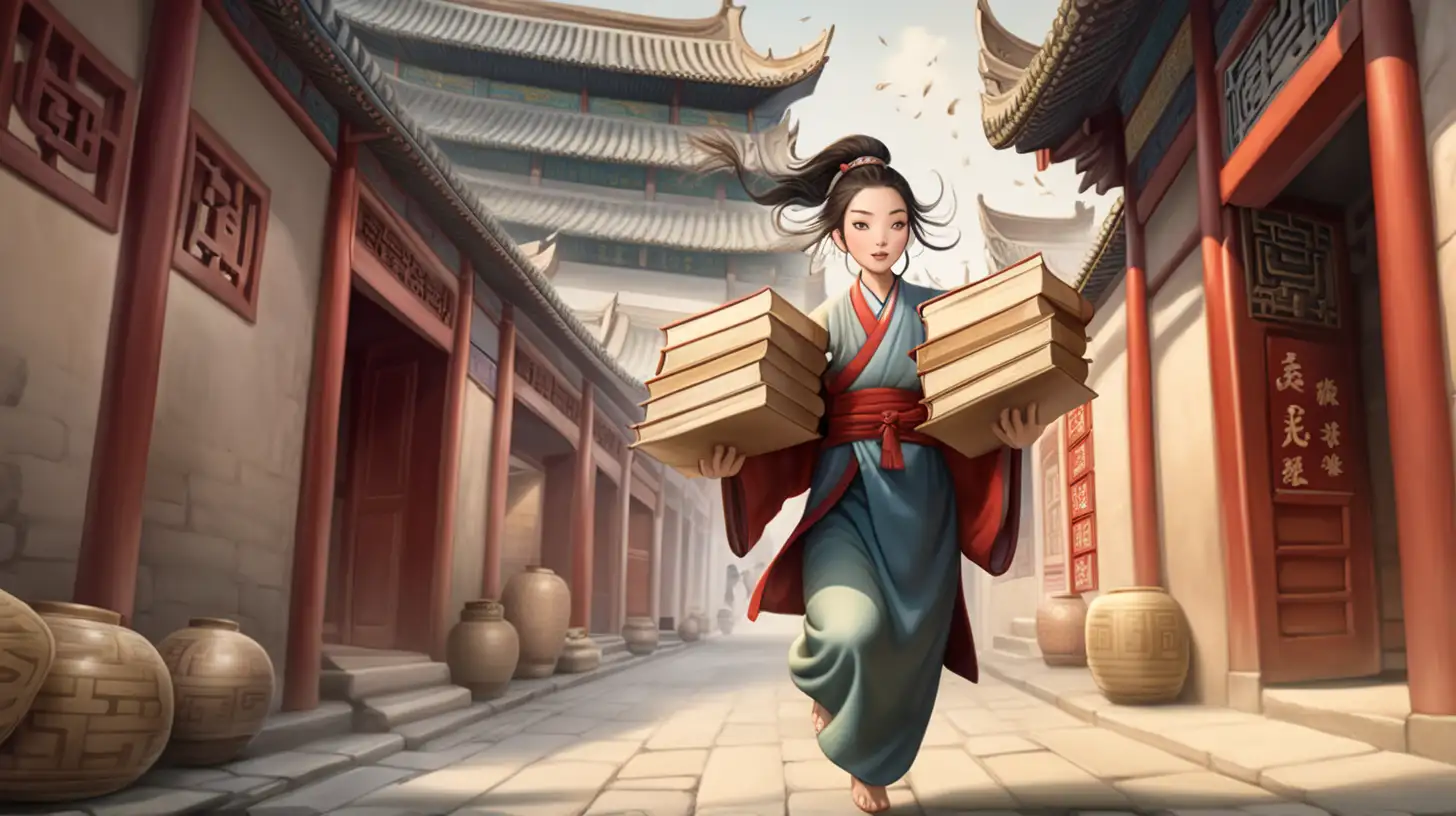 Woman Rushing Through Ancient Chinese City with Stack of Scrolls