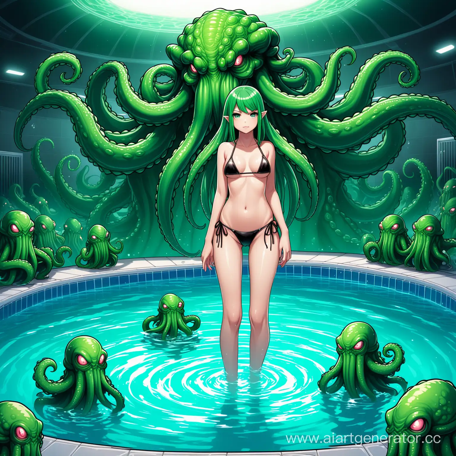 cthulhu teen girl, full body, in micro bikini, in the pool, beautiful hands, extreme detailed, monster cthulhu стоит на заднем плане,