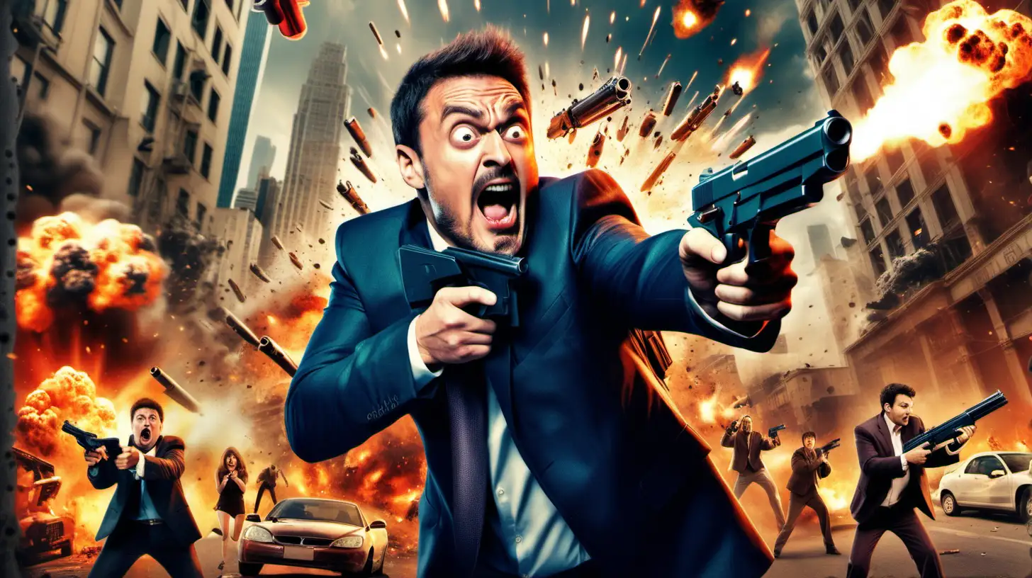 A movie thumbnail poster with the concept of Action Comedy movies, man with a funny face shoots a gun, explosions in the background, funny scene