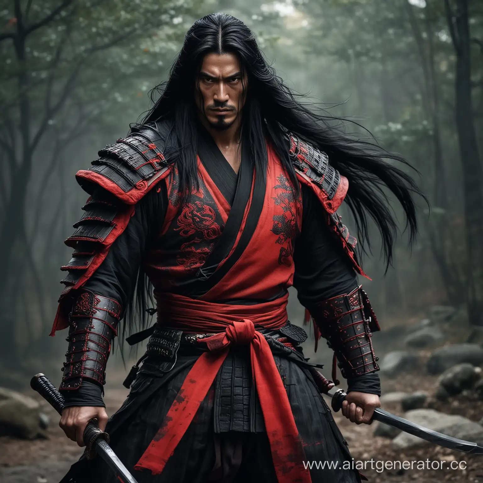 Red-Demon-Samurai-Men-with-Long-Black-Hair-in-Fiery-Battle