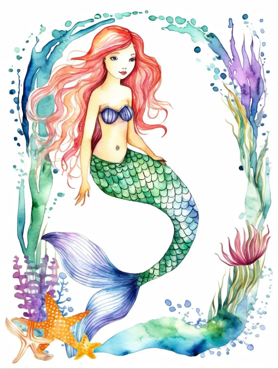 watercolour mermaid page bordervdrawing, clipart, isolated on white background