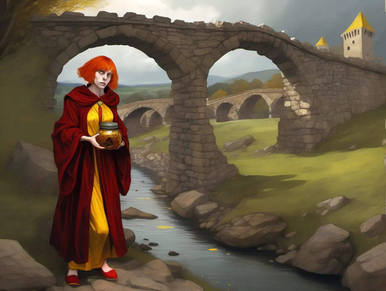 mad woman, short ginger hair, red wizard robe with vent, yellow shoulder pads, yellow shoes, holding a jar, crazy look, obsessed face, large stone bridge, day, medieval fantasy painting