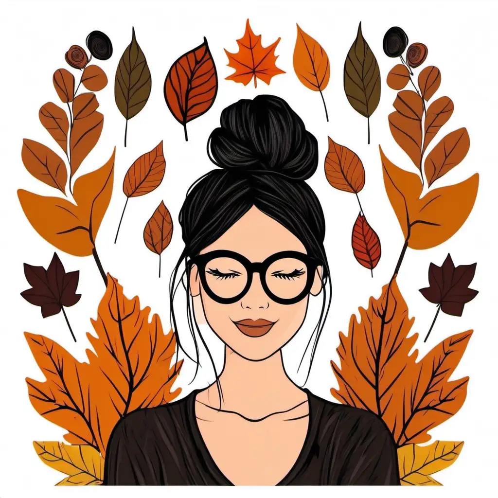 Woman mom messy bun print. autumn vibes season headband and glasses vector, with black hair
