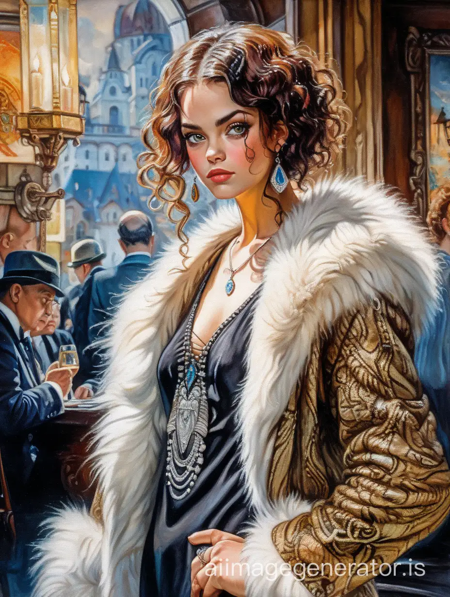 a woman in a fur coat, oil painting, (colored ink Mikhail Garmash:1.2), still from Alita, curly middle part hairstyle, flapper, 5 0 0 pixel models, reptilian skin, imagenet, inspired by James Christensen, posing for Playboy photoshoot, woman in dress, Samara Weaving, non-illuminated backdrop, speakeasy, model photograph, tarot card the empress