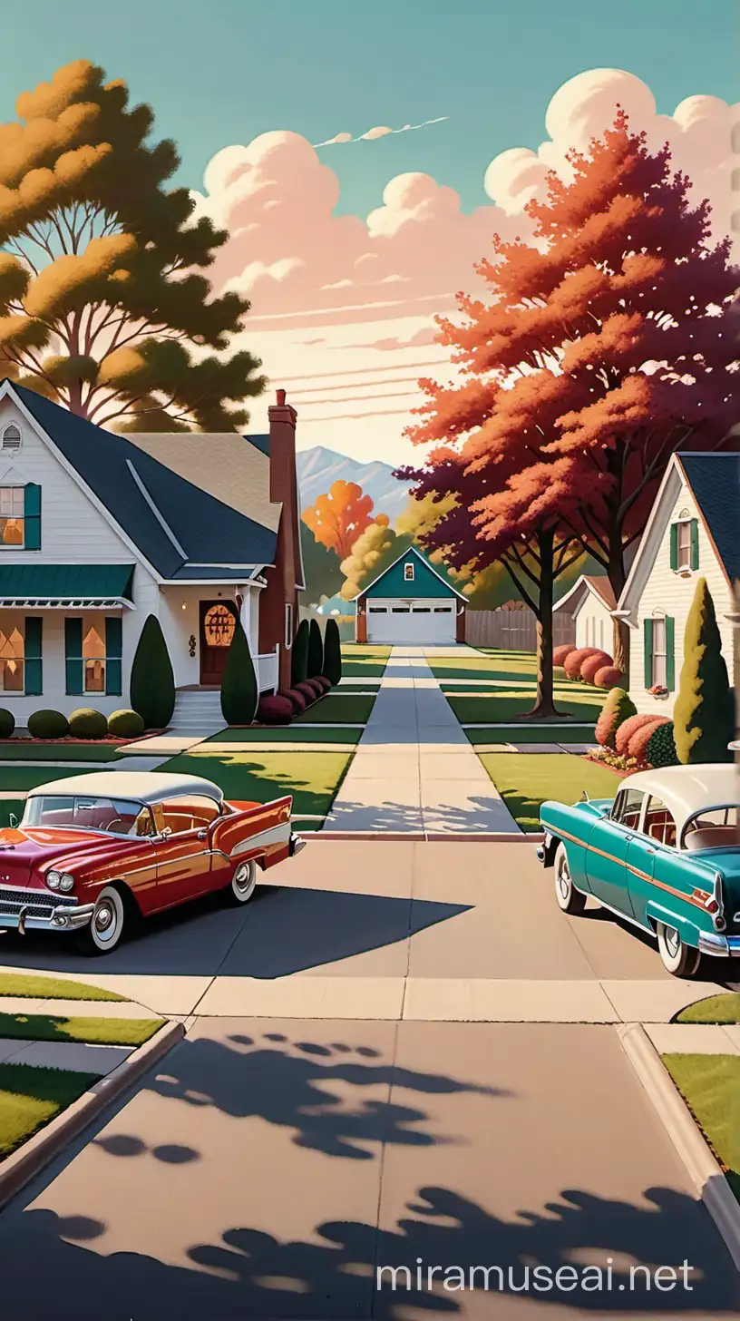Begin with a vintage-style background, reminiscent of the mid-20th century, featuring a suburban neighborhood with driveways and classic cars parked outside homes