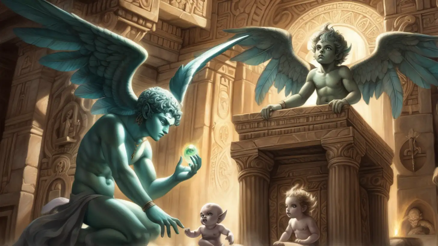 Deep within an ancient temple, a chosen one bearing a luminous symbol on their forehead receives guidance from a divine cherub and a malevolent gargoyle, their destiny hanging in the balance.