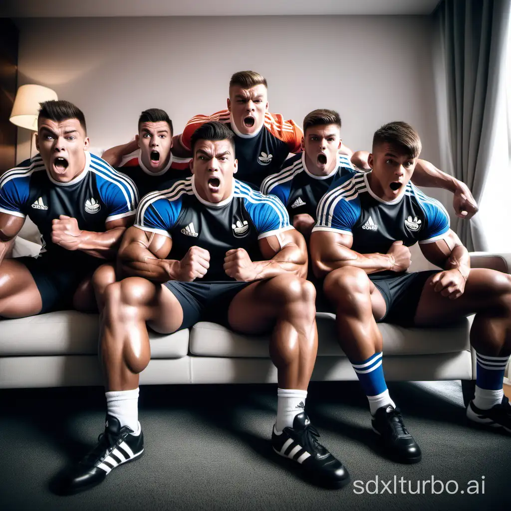 a whole team of athletic muscular giant 17 year old bodybuilder boys in full adidas soccer outfits with massive calf and thigh muscles sit on a couch as it bursts and crushes under the huge pressure and weight, low angle shot emphasising their strong legs in a living room