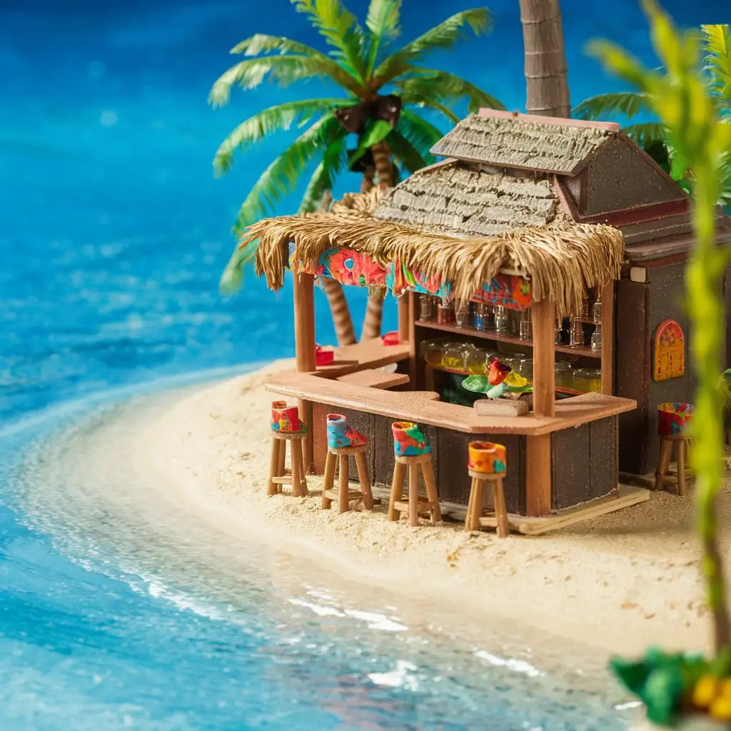 a minimap diorama of the tropical cocktail bar 
surrounded by crystal-clear water front view