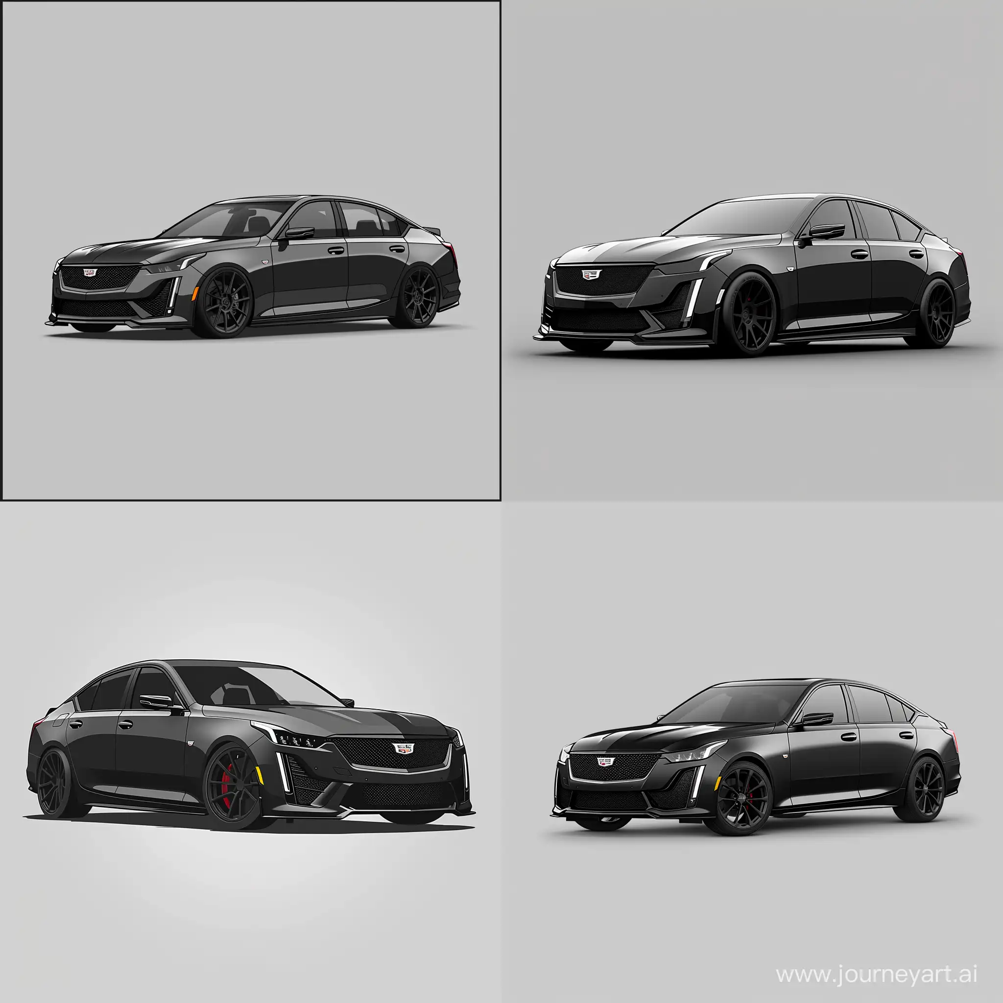 Minimalism 2D Illustration Car of Front 2/3 View, Cadillac CT5: Customized, Black Body Color &, Simple Gray Background, Adobe Illustrator Software, High Precision