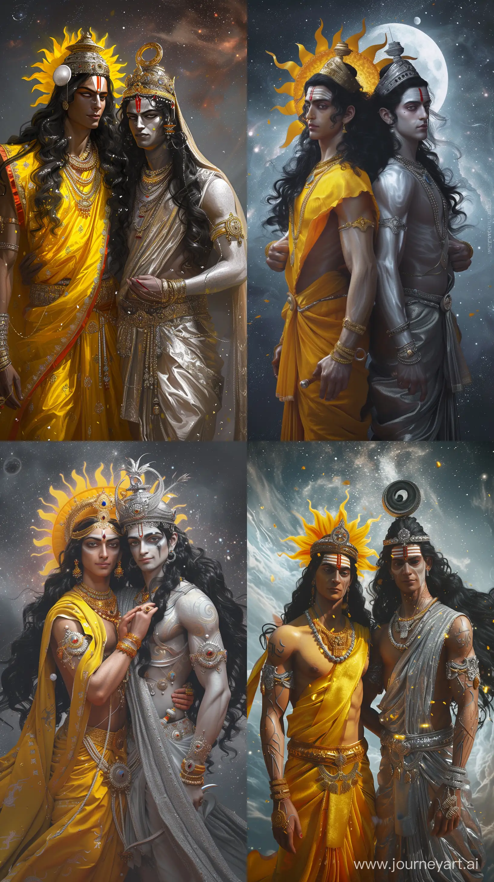 Realistic digital paintings of the Sun god with bright yellow attire and the Moon God in bright silver-colored attire, both crowned, black-haired, in their thirties from Hindu mythology, standing together facing the camera, serene cosmic background, intricately detailed, UHD --ar 9:16 --v 6