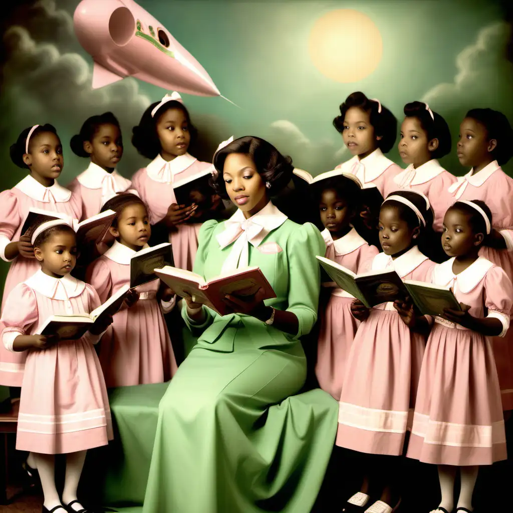 generate a photograph that portrays an elegant Alpha Kappa Alpha woman, in her 30s, immersed in a reading program for children in 1908, with the theme "Soaring in the Rocket . " in the background.  Depict the woman reading to girls, capturing the essence of empowerment and progress.  Include girls in the picture. use hints of salmon pink and apple green.  incorporate pearls  and uplift our community