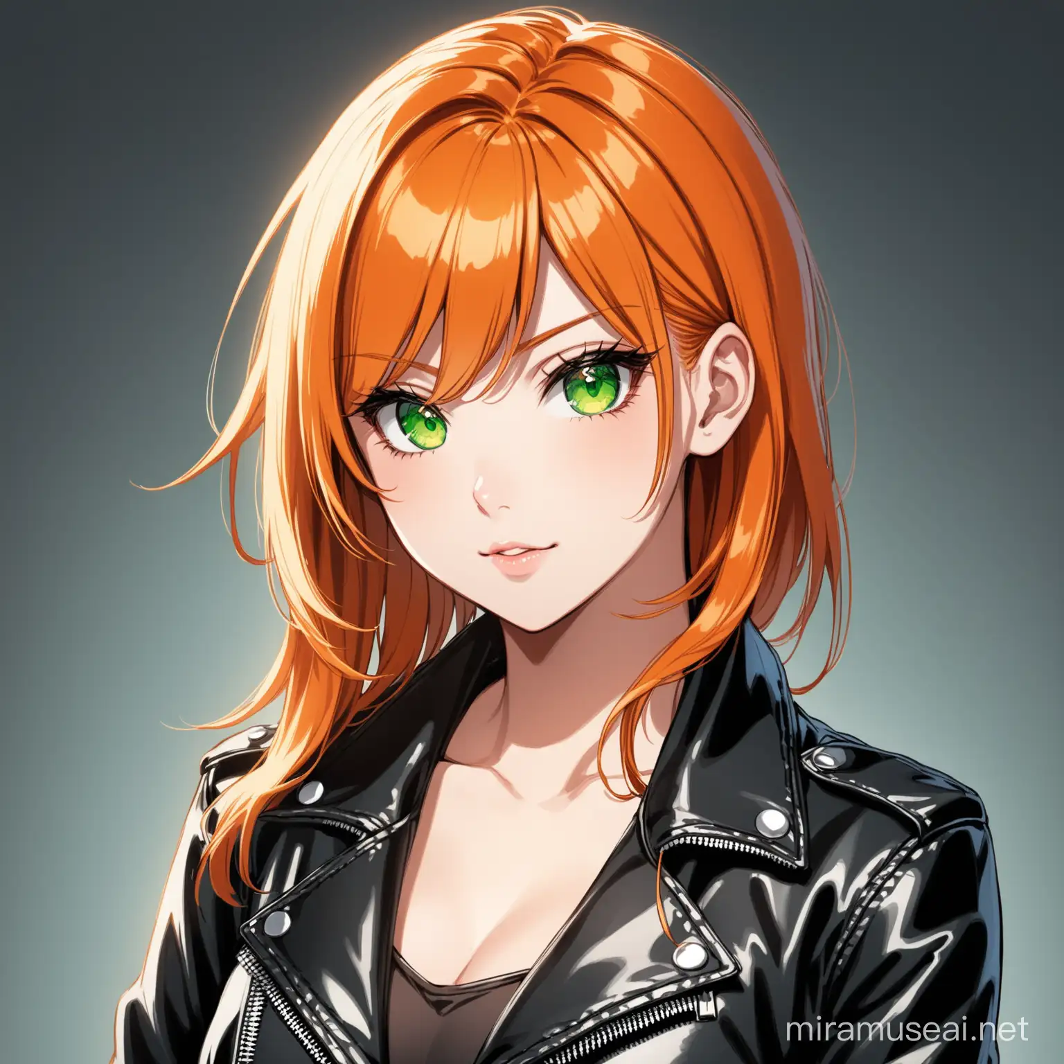 female with orange hair and green eyes and black leather jacket