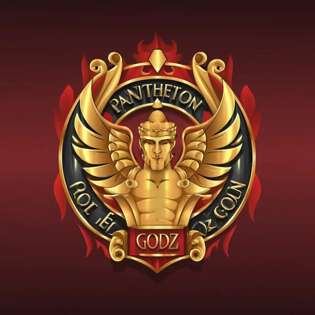 logo, 12 Olympian gods, Greek, gold and red fire, with the text "Pantheon Of Godz", typography, be used in Automotive industry